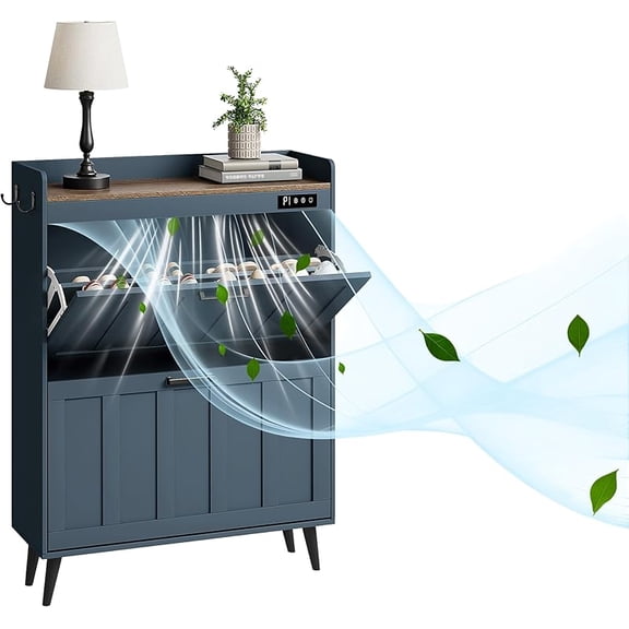 Shoe Storage Cabinet with 2 Flip Drawers, Deodorizing Shoe Organizer Storage for Entryway, Freestanding Hidden Slim Narrow Shoe Rack Cabinet, Blue