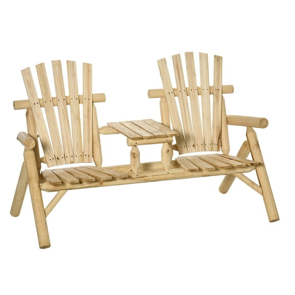 Wooden Adirondack Chair 2-Seat, Patio Loveseat with Table, Outdoor Adirondack Chairs for Porch, Backyard, Deck, Natural Finish