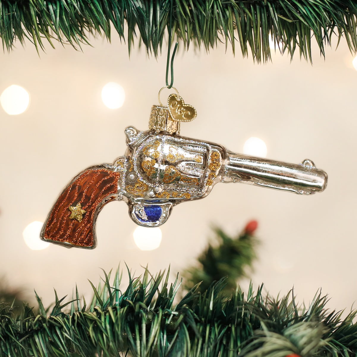 Old World Christmas Western Revolver Gun Glass Tree Ornament 36196 FREE
