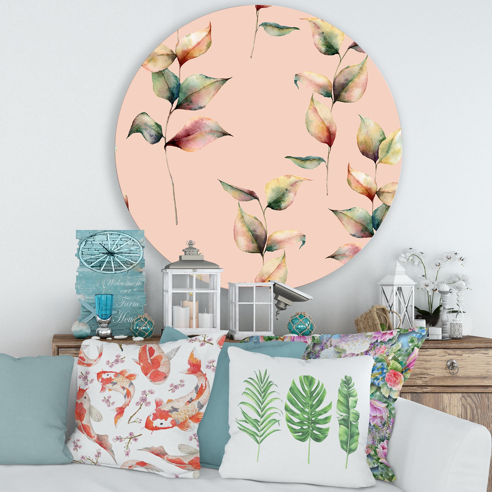 Designart 'Autumn Pink Leaves with Branch On Pastel Colors' Traditional Circle Metal Wall Art 36x36 - Disc of 36