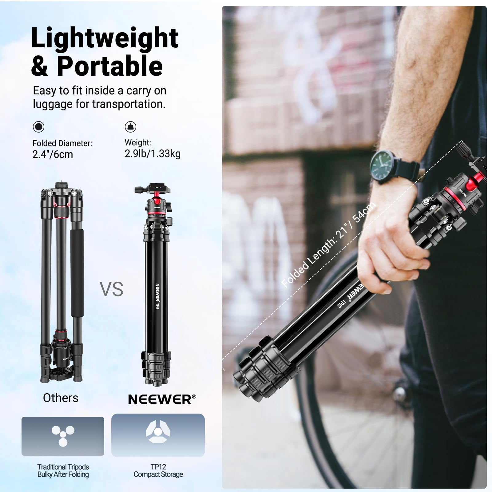 NEEWER TP12 66.5" Travel Tripod, Ball Head, Arca QR Plate, Phone Holder, 11 lb Load