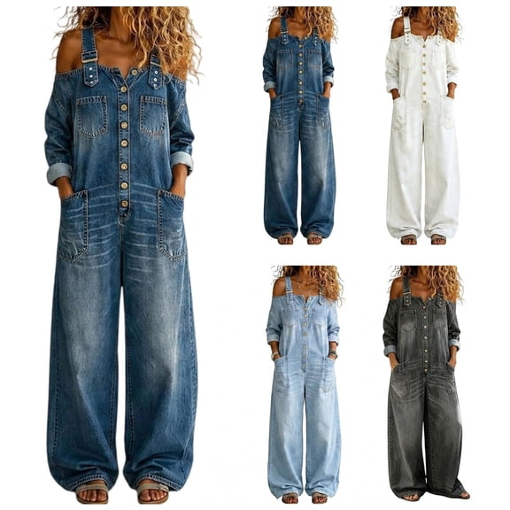 Zormilly Denim Overalls for Women Adjustable Strap Long Sleeve Off The Shoulder Jumpsuits Pockets Wide Leg Jeans Overalls, S-3XL