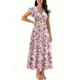 thumbnail image 3 of VBVC Women's Floral V-Neck Ruffle Sleeve Maxi Dress,Ladies Smocked Waist Boho A-Line Long Dress,Summer Flowy Tiered Beach Party Midi Dress For Women,Pink,S-3XL, 3 of 7