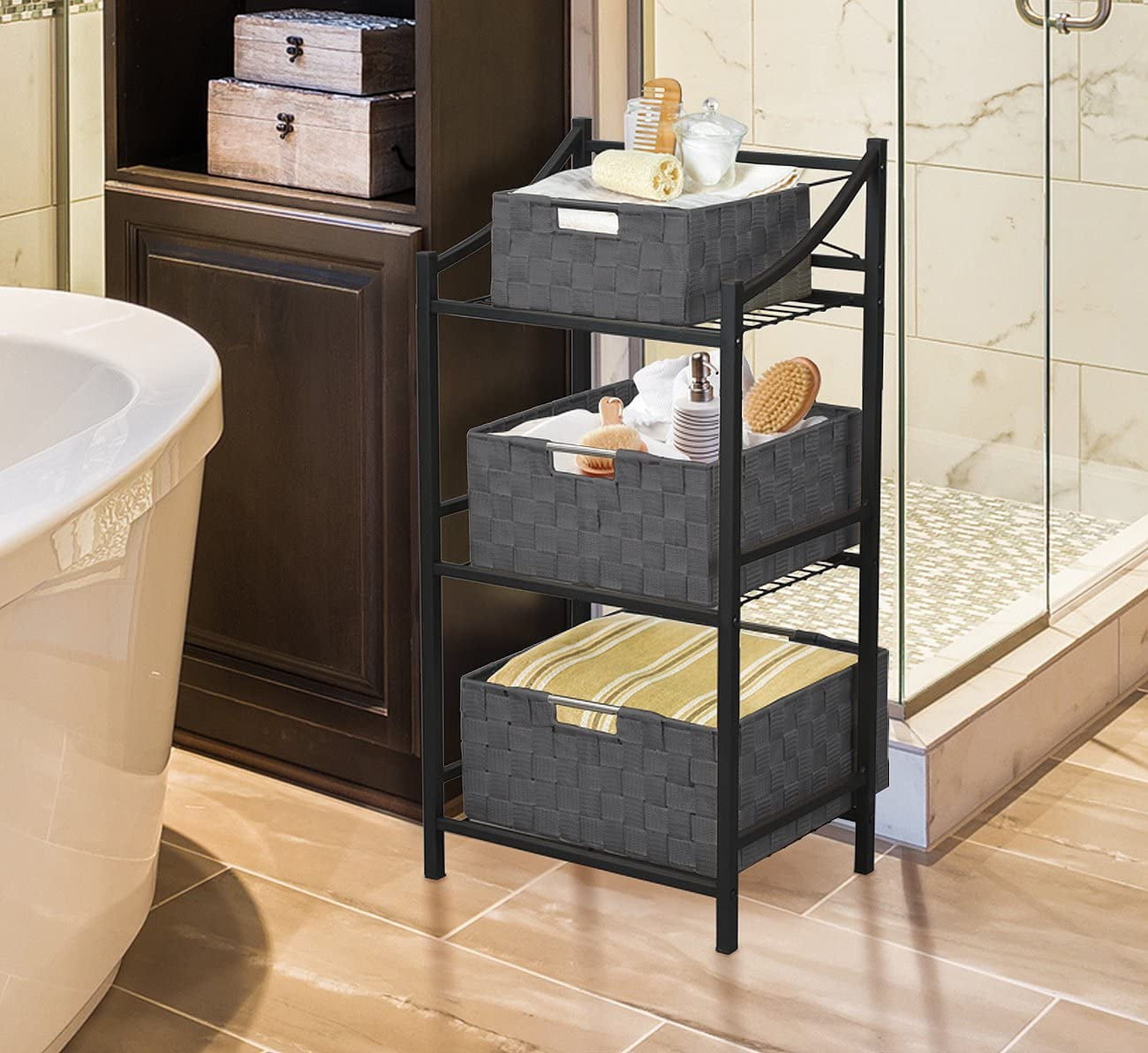 Sorbus Storage Box Woven Basket Bin Container Tote Cube Organizer Set Stackable Storage Basket Woven Strap Shelf Organizer Built-In Carry Handles (Woven Basket Set - 3 Piece, Gray)