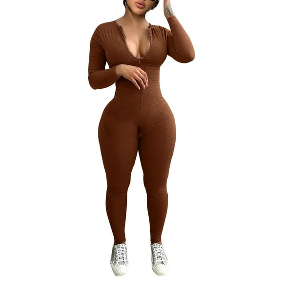 Wyobmus Womens Charming Ribbed Bodycon Jumpsuit Long Sleeve Zipper Mock Neck Skinny Pants One Piece Romper Outfit Coffee