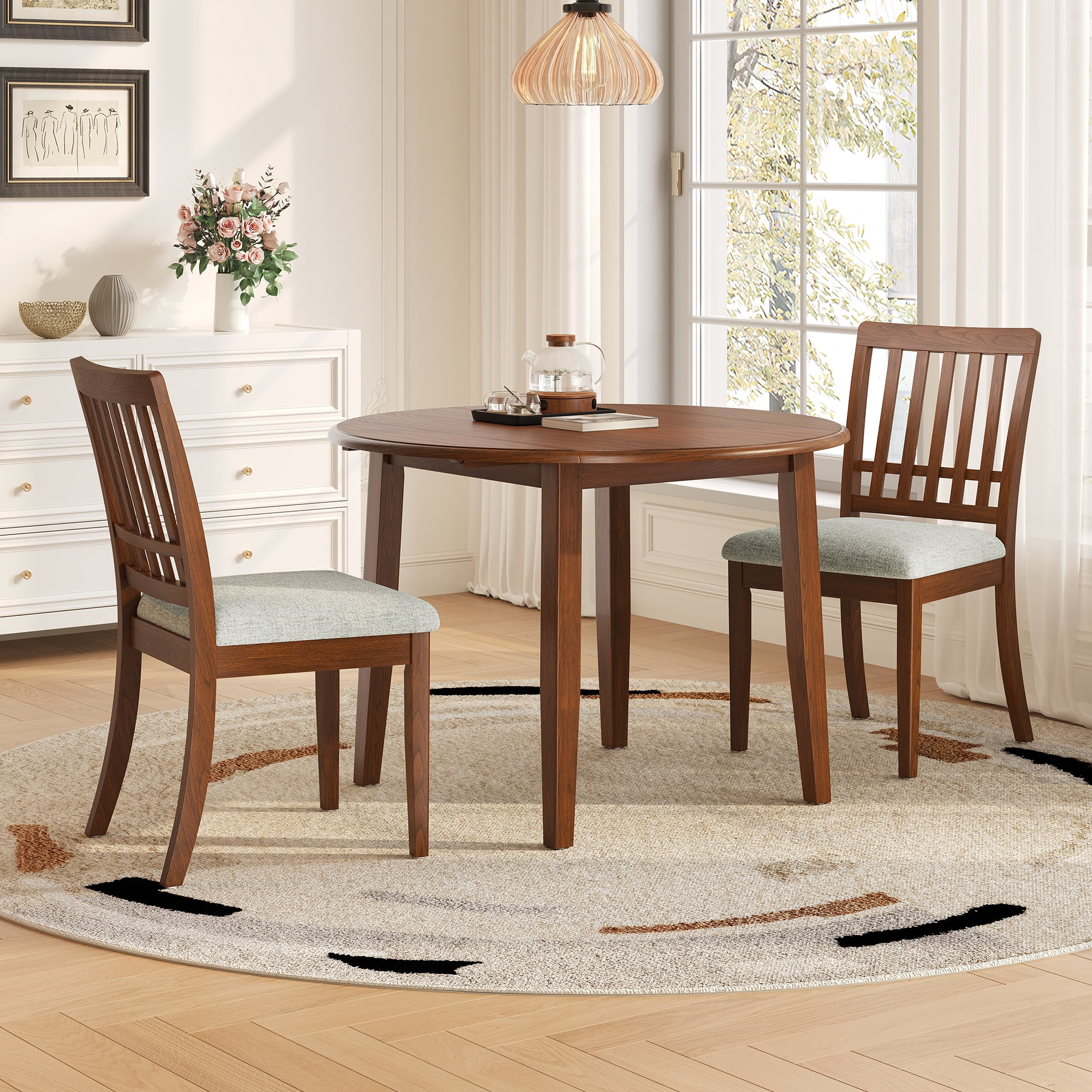 Harper & Bright Designs Breakfast Small Dining Table Set for 2 3 Pieces Folding Round Table Set with Drop Leaf and 2 Upholstered Chairs for Small Place Kitchen Brown