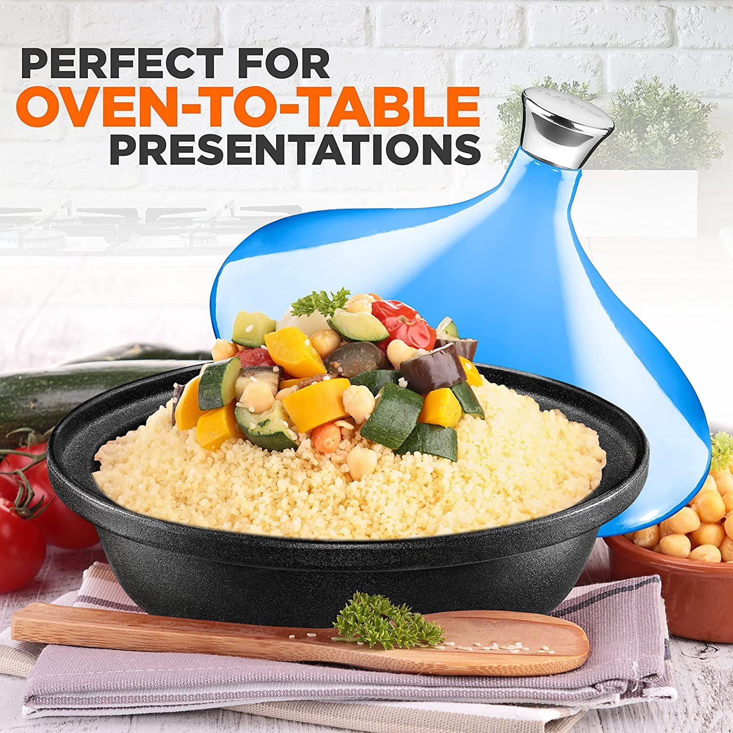 NutriChef Cast Iron Moroccan Tagine - 2.75 Quart Tajine Cooking Pot with Stainless Steel Knob, Enameled Base, Cone-Shaped Enameled Lid, Blue
