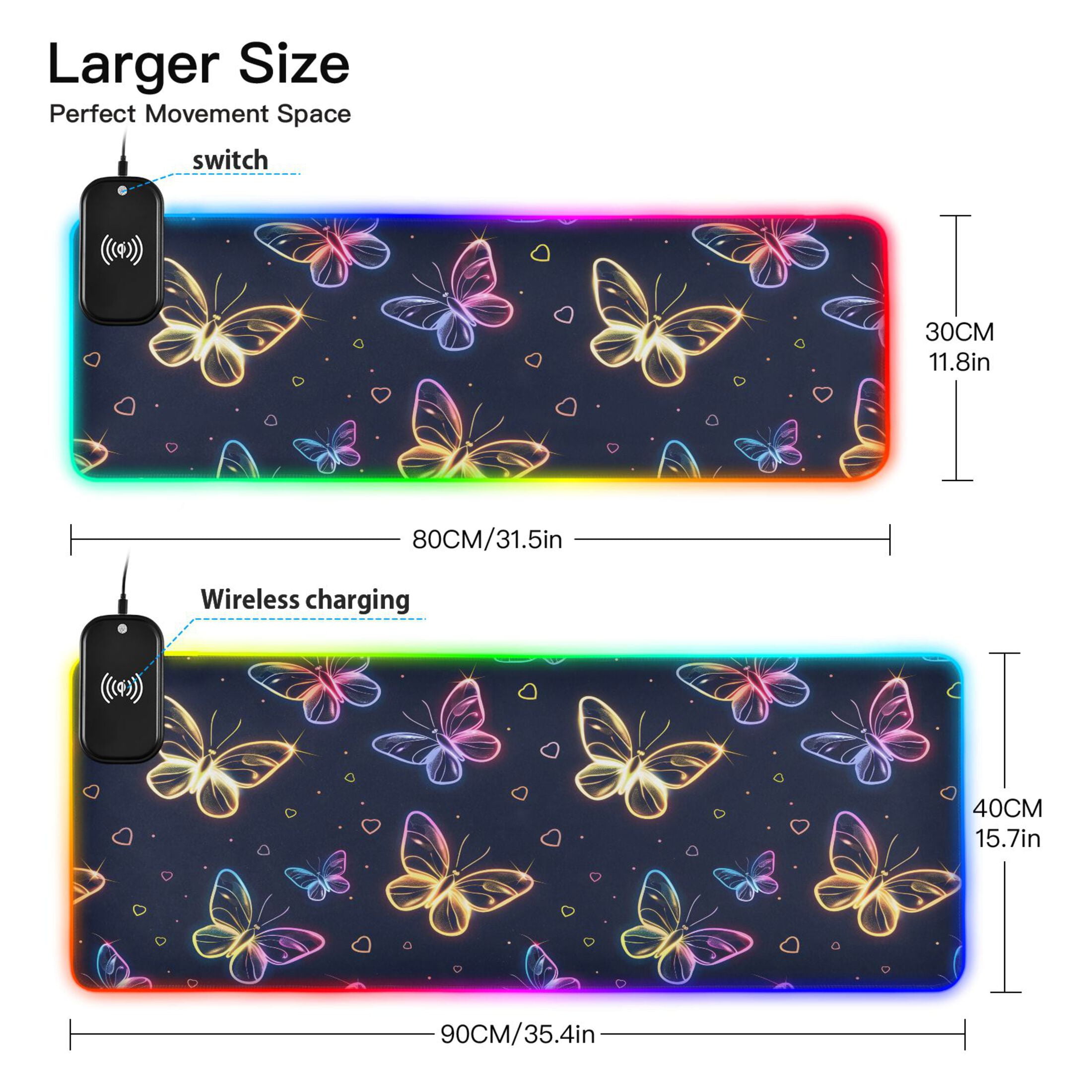 Wireless Charging Mouse Pad Large RGB Gaming Desk Mat 13 Light Modes Mousepad 31.5x11.8 Cute Neon Butterflies