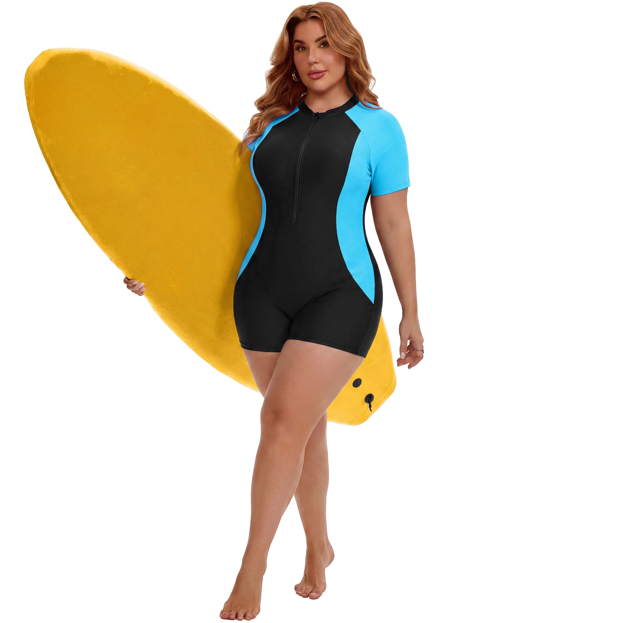 DARING DIVA Women's Plus 1 Piece Zip Front Short Sleeve Swimsuit 5X Black Blue