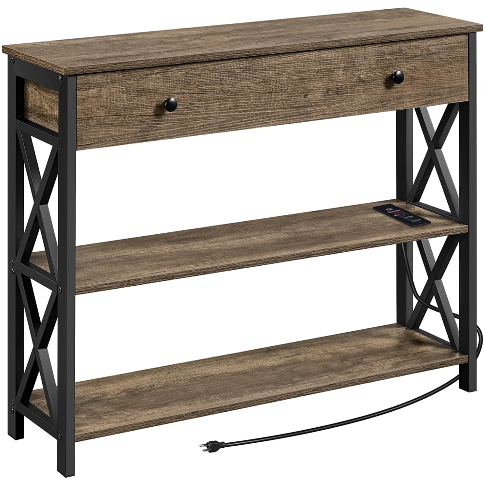 Alden Design Vintage Wooden Console Table with Power Outlet for Entryway, Taupe Wood