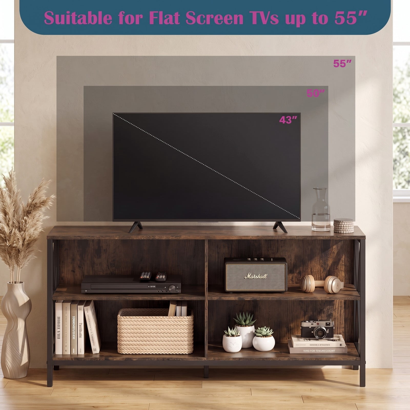 Furnibear Wooden TV Stand Entertainment Center for TVs up to 55 Inch, X-Shaped Metal Frame Media Console with Open Storage Shelves for Living Room, Rustic Brown & Black