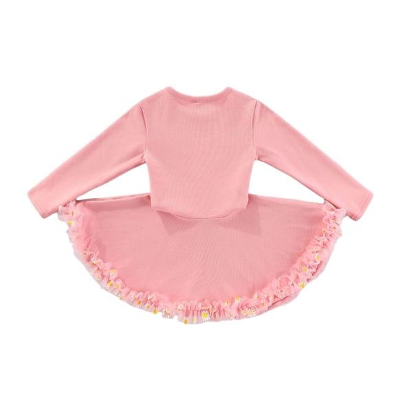 Wilark Toddler Girls Ballet Dress with Mesh Trim Size 4 T, Knitted Cute Long Sleeve Crew Neck Party Dance Dress Pink