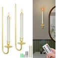 thumbnail image 1 of shiyou-Wall Candle Holder Sconces with Flameless Candles Battery Operated and Remote Control, Home Decor Wall Sconces Set of Two, Cordless Taper Flickering 3D Candle Sticks Holder Decor (Gold), 1 of 4