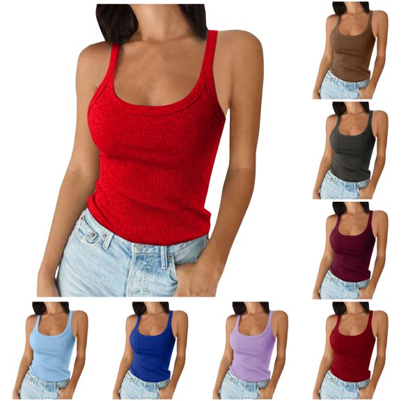 LiuXxxx Women's Spaghetti Strap Scoop Neck Ribbed Tank Top Slim Fitted Cotton Camisole Basic Sleeveless Layering Shirt Red XL