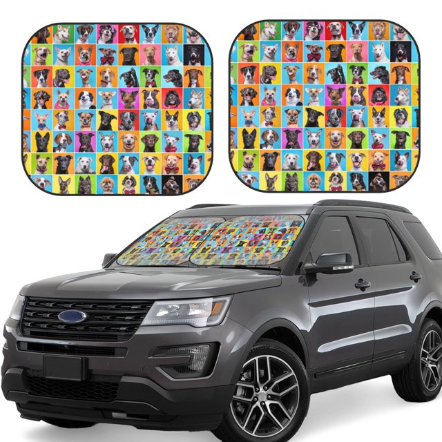Fotbe Cute Dogs Collage Juego de 2 Piezas de Parasoles para Parabrisas | Bloqueador Solar para Auto | Accesorios Plegables para Protección Solar Interior-Medium