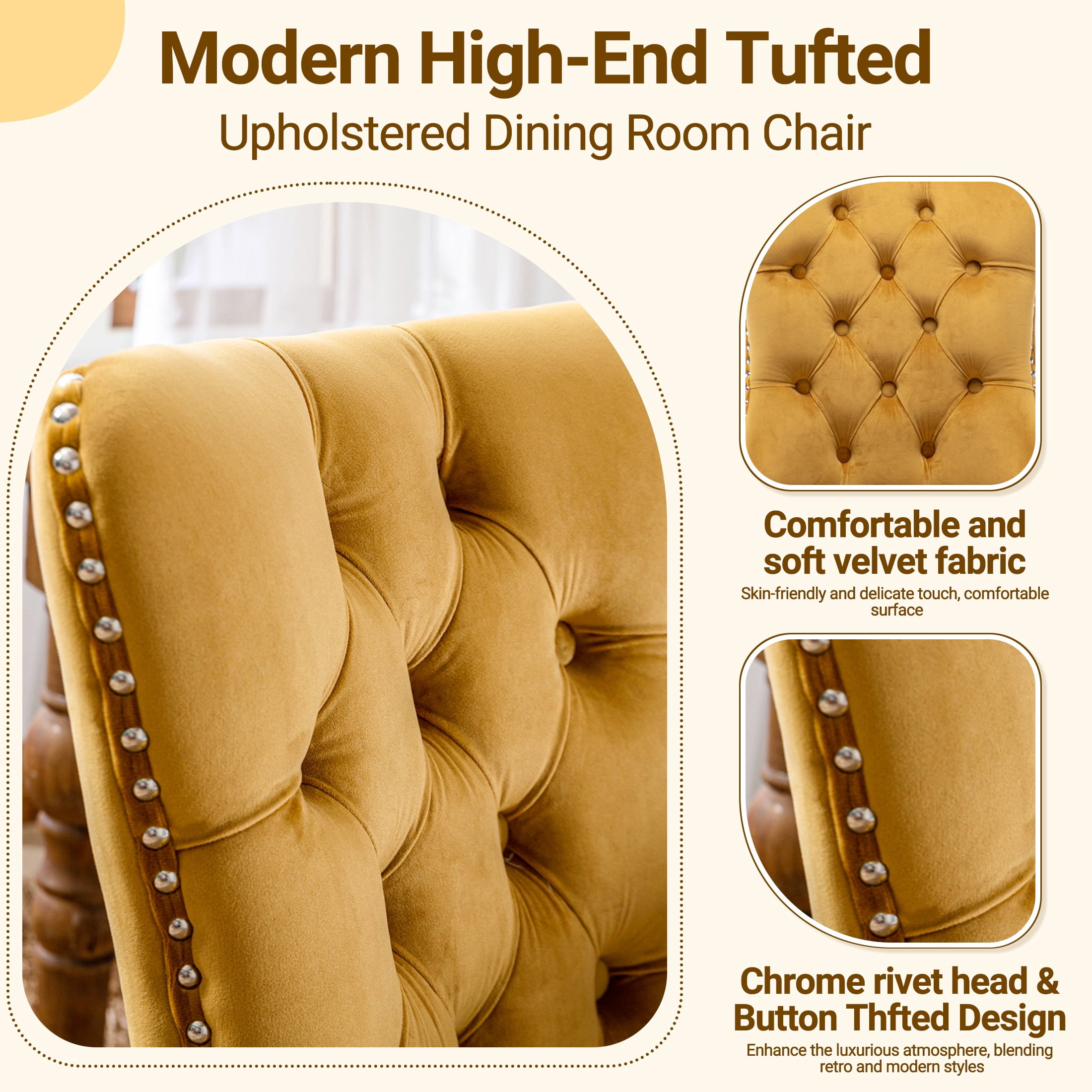 Paproos Dining Chairs Set of 2, Upholstered High-End Tufted Dining Room Chair with Back Ring and Nailhead Trim, Modern Velvet Kitchen Chairs with Solid Wood Legs for Kitchen, Home,Gold