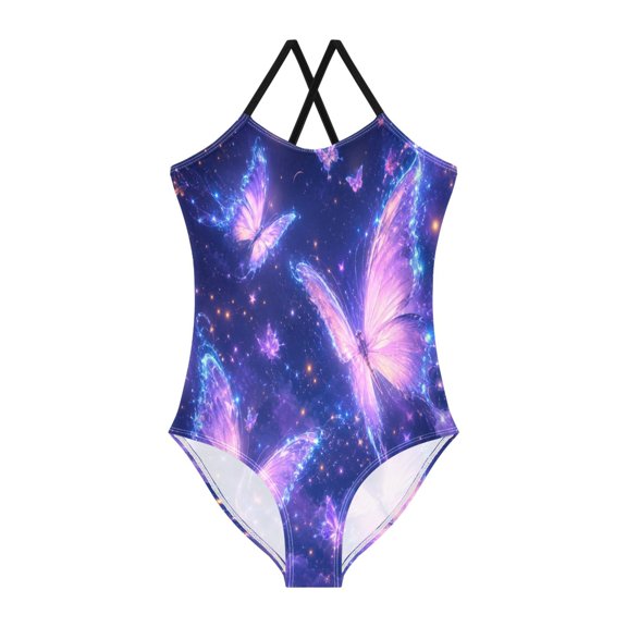 Girls' One-piece Swimsuit Cross Back Bathing Suit Beach Surfing Sizes 3T Fluttering Fluorescent Butterflies
