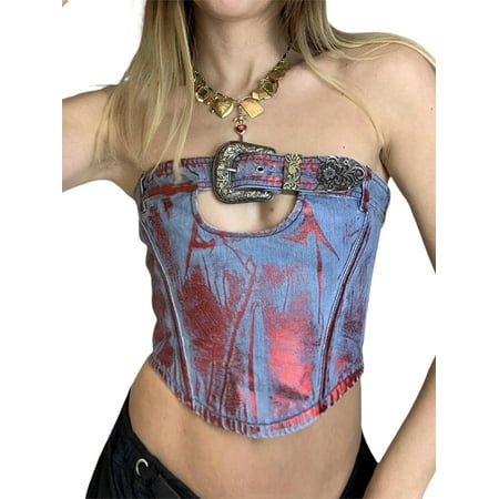 

Fashio Women Tube Top Strapless Backless Buckled Hollowed Contrast Color Summer Bandage Corset Vest Tops Club Party Streetwear