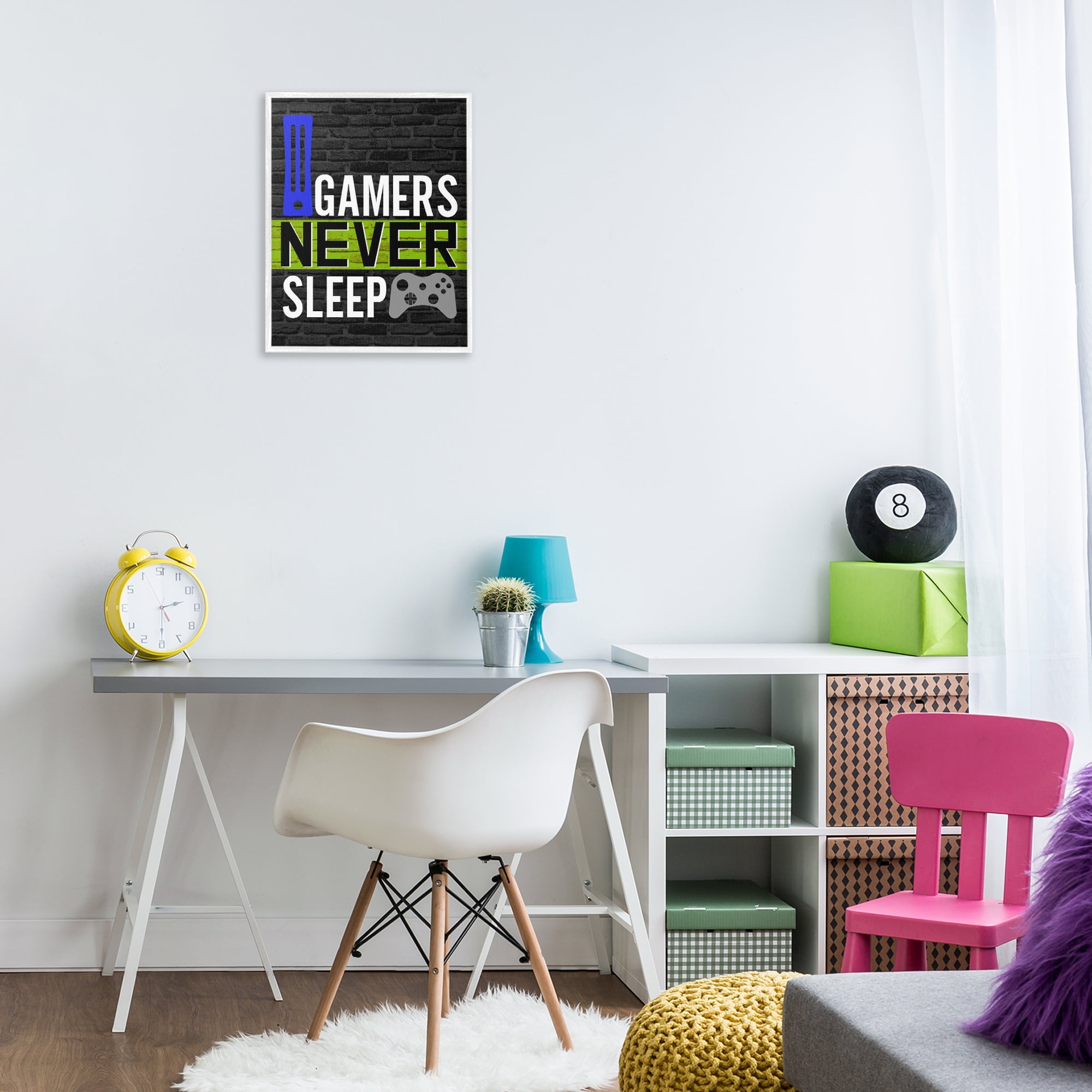 Stupell Industries Gamers Never Sleep Typography Painting White Framed Art Print Wall Art, 16 x 20