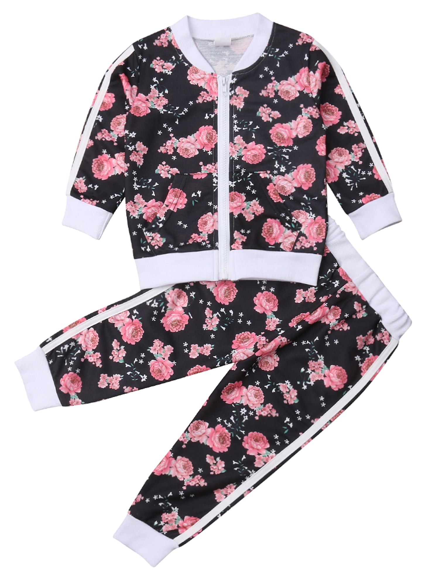 VERYCO Kids Girls Tracksuit Floral Print Hooded Zip Hoodie Jacket Trousers 2PCS Sets 