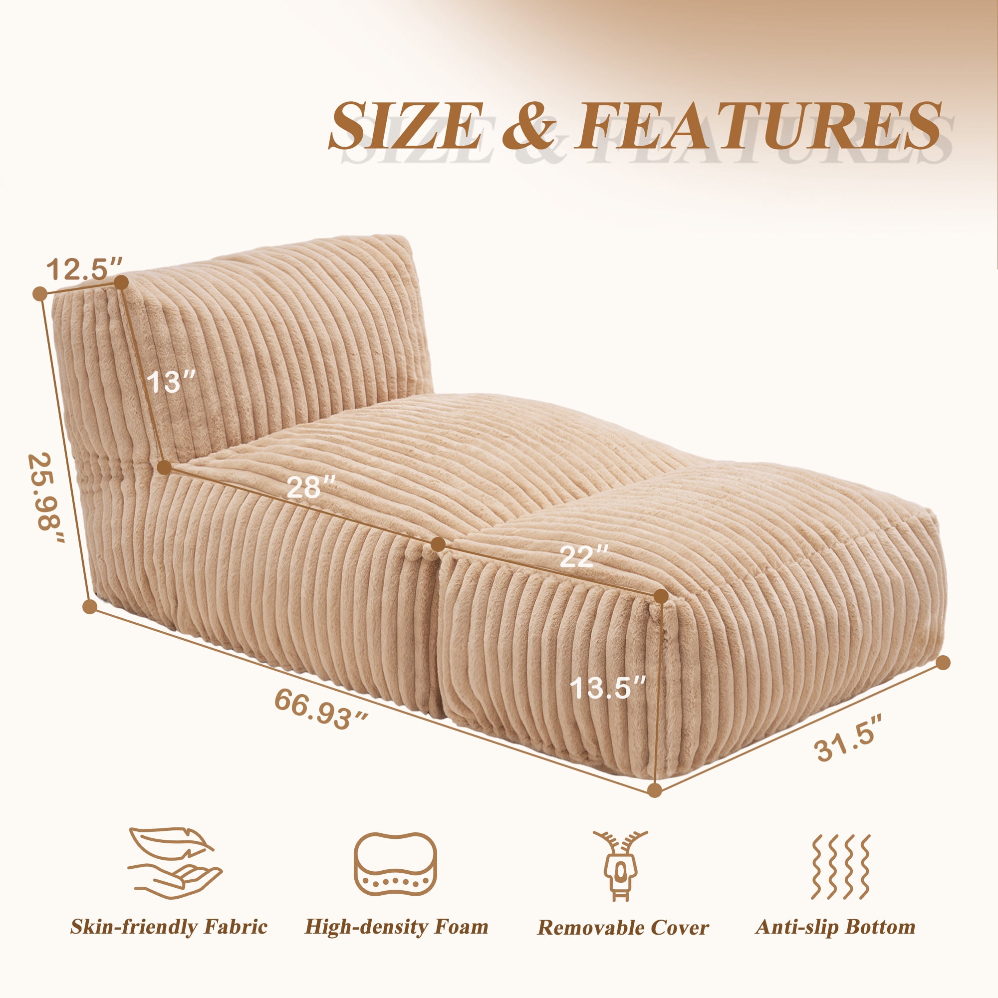Hobestluk Big Bean Bag Lounger Chairs Large Beanbag Chair for Adults Bean Bag Sofa with Memory Foam Filled for Living Room, Bedroom or Balcony (Stripe Khaki)