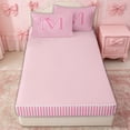 thumbnail image 4 of Erosebridal Princess Bow Initial M Zipper Twin Comforter Sets with Fitted Sheet and 2 Pillowcases for Women, Cute Stripe Ribbon Zipper Bedding Set, Pink Reversible, 4 Pieces, 4 of 7