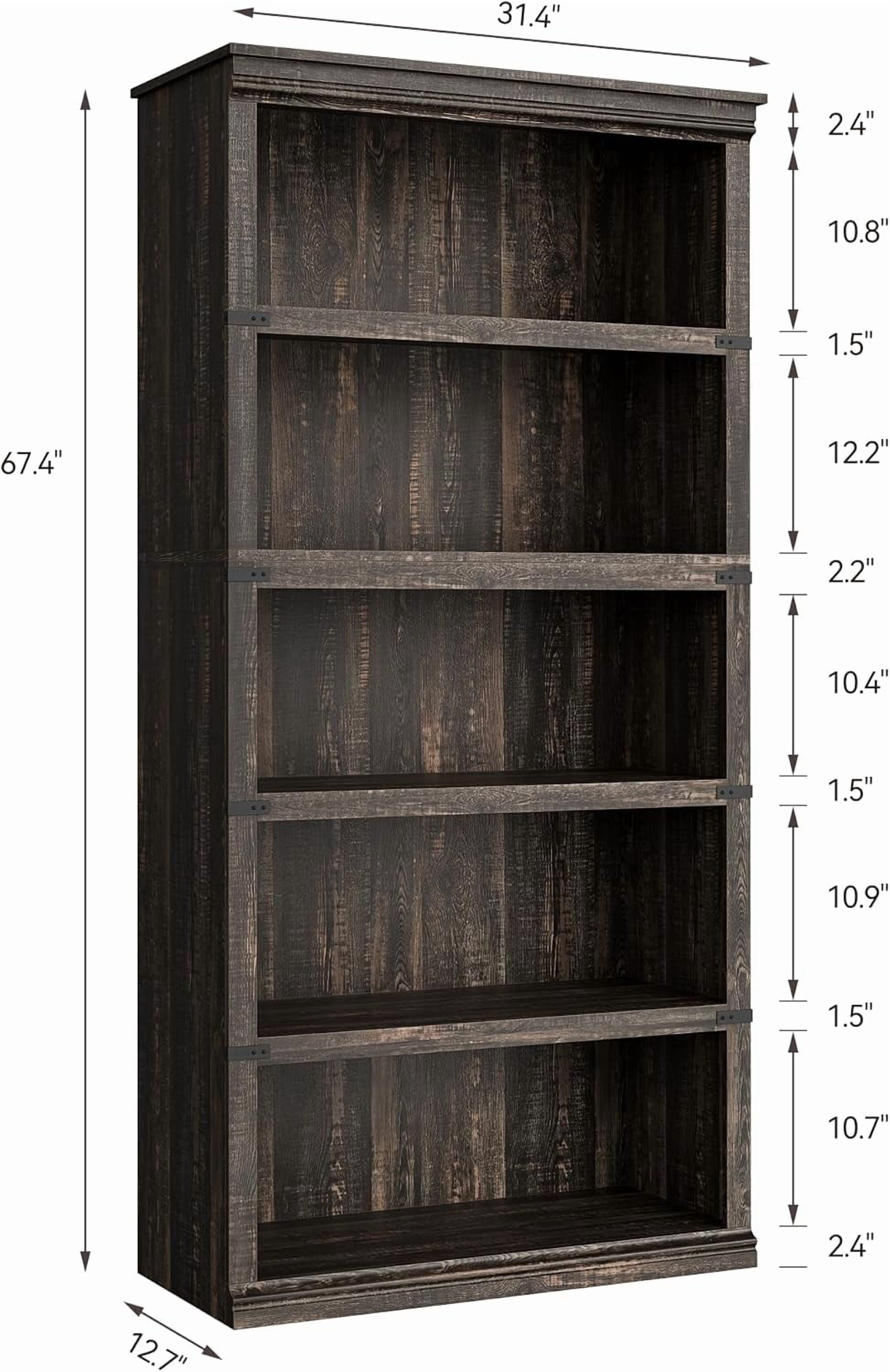 67.4" Tall 5-Tier Farmhouse Bookcase – Wooden Bookshelf with Open Display Shelves and Storage, Freestanding Home Office, Living Room, Bedroom Furniture, Dark Oak
