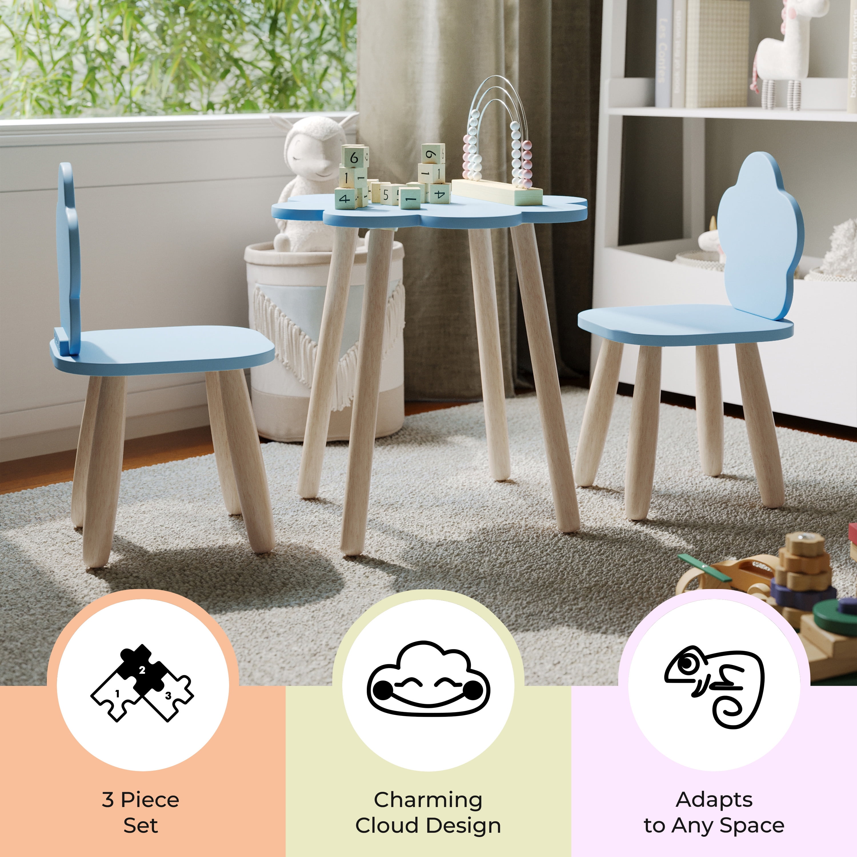 Buzz & Bloom Kids 3-Piece Wooden Cloud-Shaped Table and Chairs Set, Blue/Natural