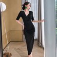 thumbnail image 5 of ZYHT 5847 Robe Élégante Décontractée Couleur Unie Coton Boutonnée Col en V Robes pour Femmes Bureau Manches Courtes Robe Midi, 5 of 5