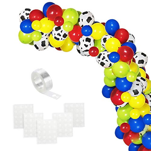 Toy Inspired Story Party Balloons Arch, 120pcs Cow Pattern Printed White Balloons Green Red Blue Yellow Latex Balloons with Balloon Strip for Baby Shower, Kids Birthday Party Backdrop Decorations