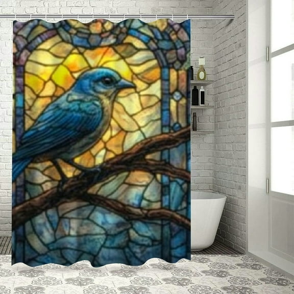 SHERONV Bird Tree Branch Stained Glass Window Shower Curtain Set 36"x72