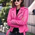 thumbnail image 2 of Chaqueta de Piel Sintética para Mujer, Chaqueta Vegana, Abrigo de Motociclista. Rosa S, 2 of 3