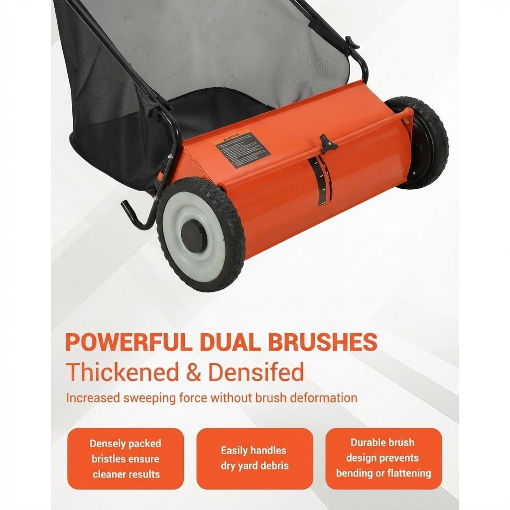 26-Inch Push Leaf Collector, 7 Cubic Feet Hopper Lawn Sweeper with 4 Rotating Brushes, Heavy-Duty Steel Frame for Yard/Driveway/Patio Cleaning, Orange