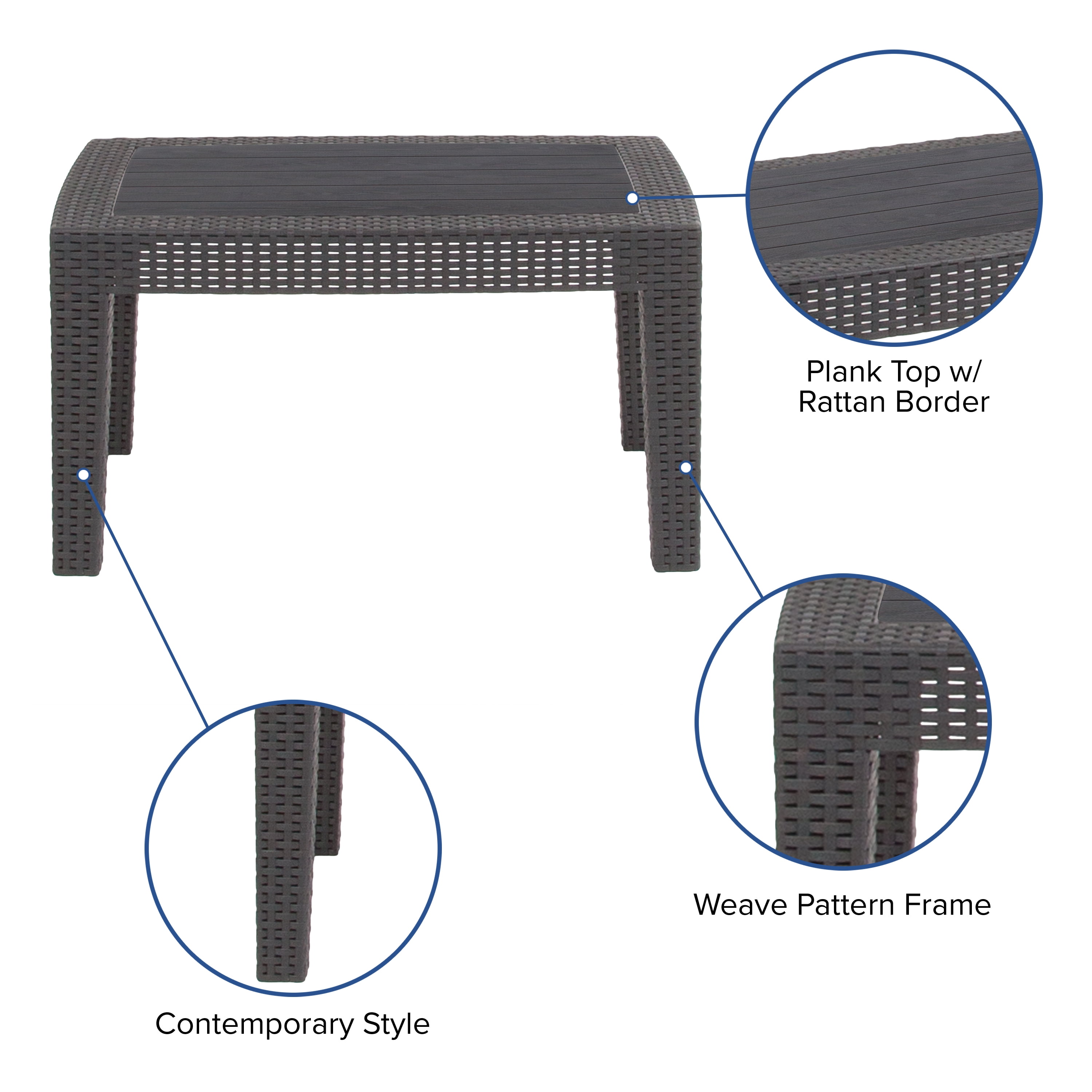 Merrick Lane Outdoor Coffee Table Dark Gray Faux Rattan Wicker Pattern Resin All-Weather Patio Coffee Table With Wood Plank Top Design