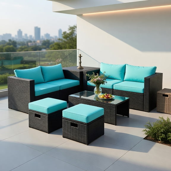 GVN 8 Pieces Patio Rattan Storage Table Furniture Set-Turquoise, Outdoor Sofa Sectional , Coffee Table for Patio Back Deck, Balcany, Poolside