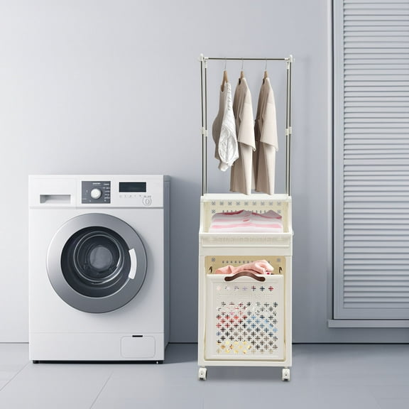 White Rolling Folding Laundry Organizer 3Tiers Laundry Basket with Wheels &Shelf for Homes, Hotels, Dormitories, Apartments, Offices