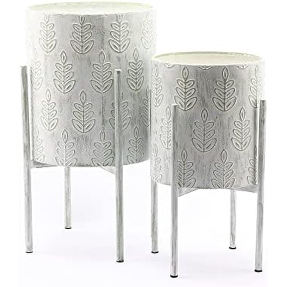 LuxenHome 2-Piece White Metal Leaf Embossed Cachepot Planters with Stand Planters for Indoor Plants, Modern Flower Pots Living Room Large Indoor Plant Stand$$Garden & Patio