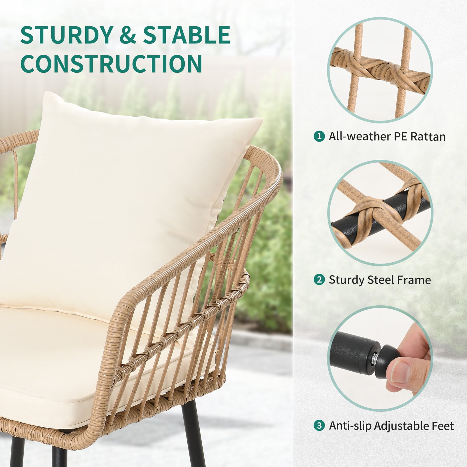 DEXTRUS 3-Piece Outdoor Patio Furniture Wicker Bistro Set with Soft Cushions