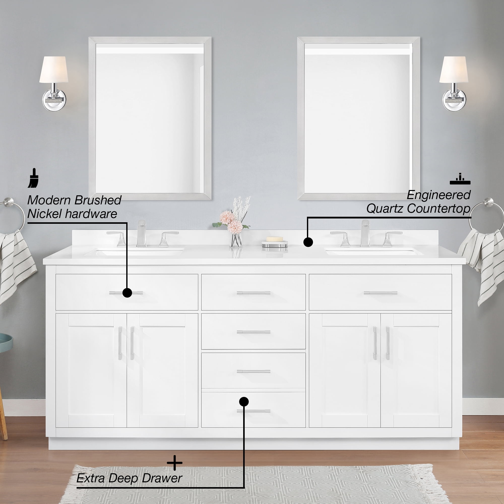 Ove Decors Bailey 72 W x 22" D Freestanding Bathroom Vanity with Double Sink, Pure White