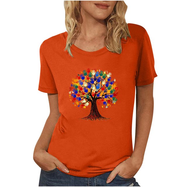 Dadaria Tee Femmes Chemise Orange Manches Courtes T-Shirt Col Rond Hauts Été Chandail Blouses TG