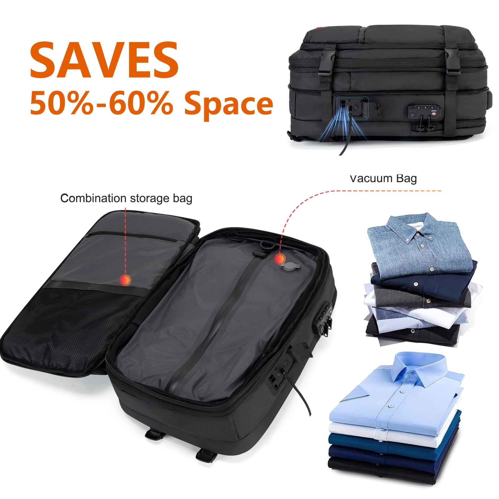 Vacuum Backpack Travel with Built-in Pump 80L Expandable Travel Backpack with Vacuum System, TSA Lock Water Resistant Carry-On Backpack