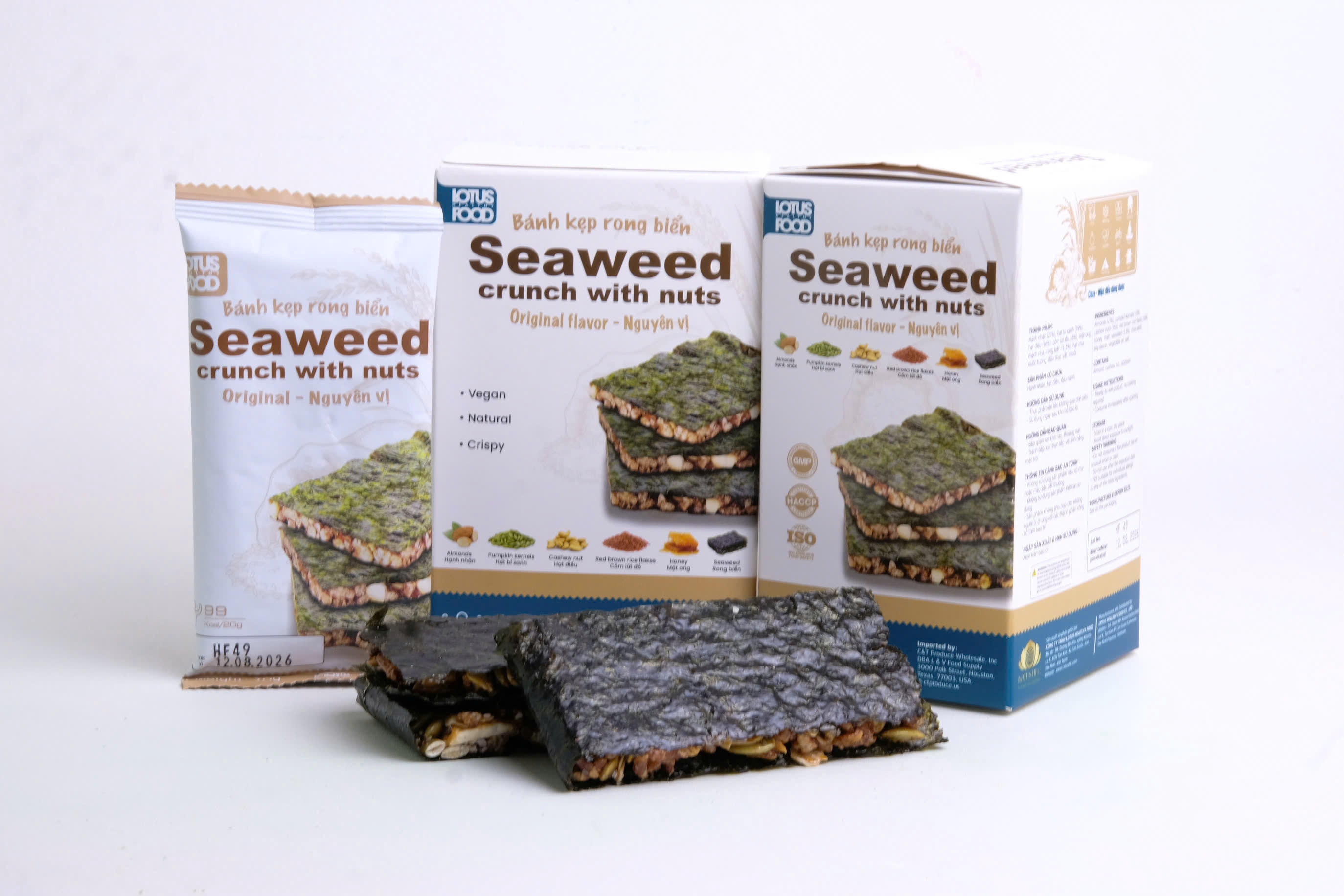 Veefood Lotus Seaweed Snack Crunch with Nuts – Crispy Roasted Seaweed Chips, Original Flavor, Healthy Vegan Snack, 3 Pack (100g Each)