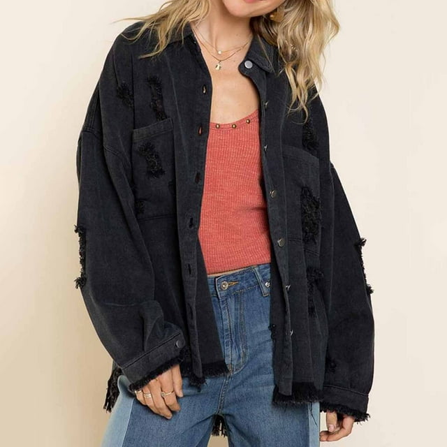 EGNMCR Manteau en Denim Sans Capuche à Manches Longues pour Femmes, Veste en Denim Décontractée pour Femmes, Veste Décontractée à Manches Longues avec Boutons et Trous pour Femmes