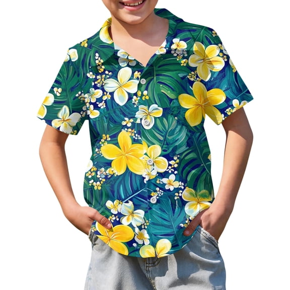 Abcomgle Hawaiian Shirt for Boys Size 7/8 Summer Floral Print Boys Vacation Shirts Button Down Short Sleeve Tourist Hawaiian Outfit for Boys,Dark Green,7-8Years