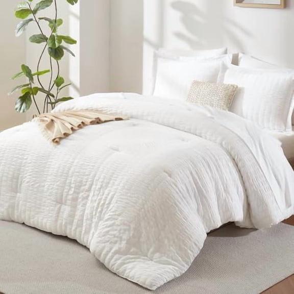 CozyLux Queen Comforter Set White Seersucker 7 Pieces Bed in a Bag Queen Comforter Set with Sheets, Luxury Soft Bedding Set with Down Alternative Comforter, Sheets, Pillowcases & Shams for All Se