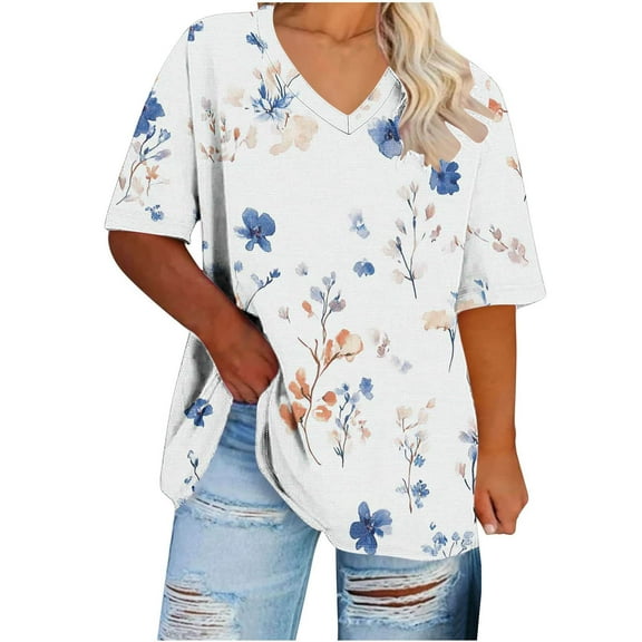 Erwazi Plus Size Tops for Women Summer Oversized T Shirts Floral Printed Blouses Short Sleeve V-Neck Tunic Loose Tees