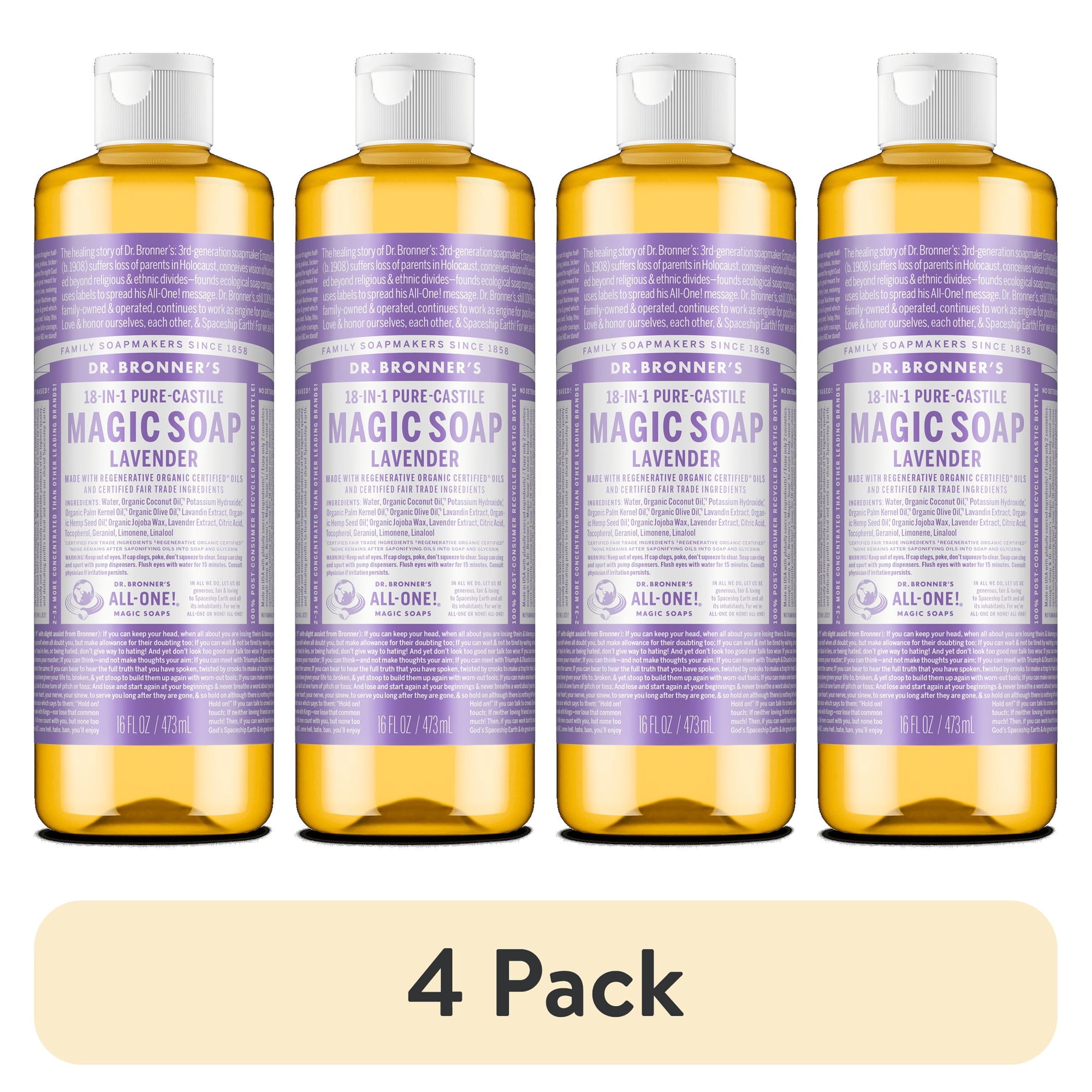(4 pack) Dr.Bronner's Magic Soap, Lavender, Pure-Castile Body Wash Liquid Soap, 16 fl oz
