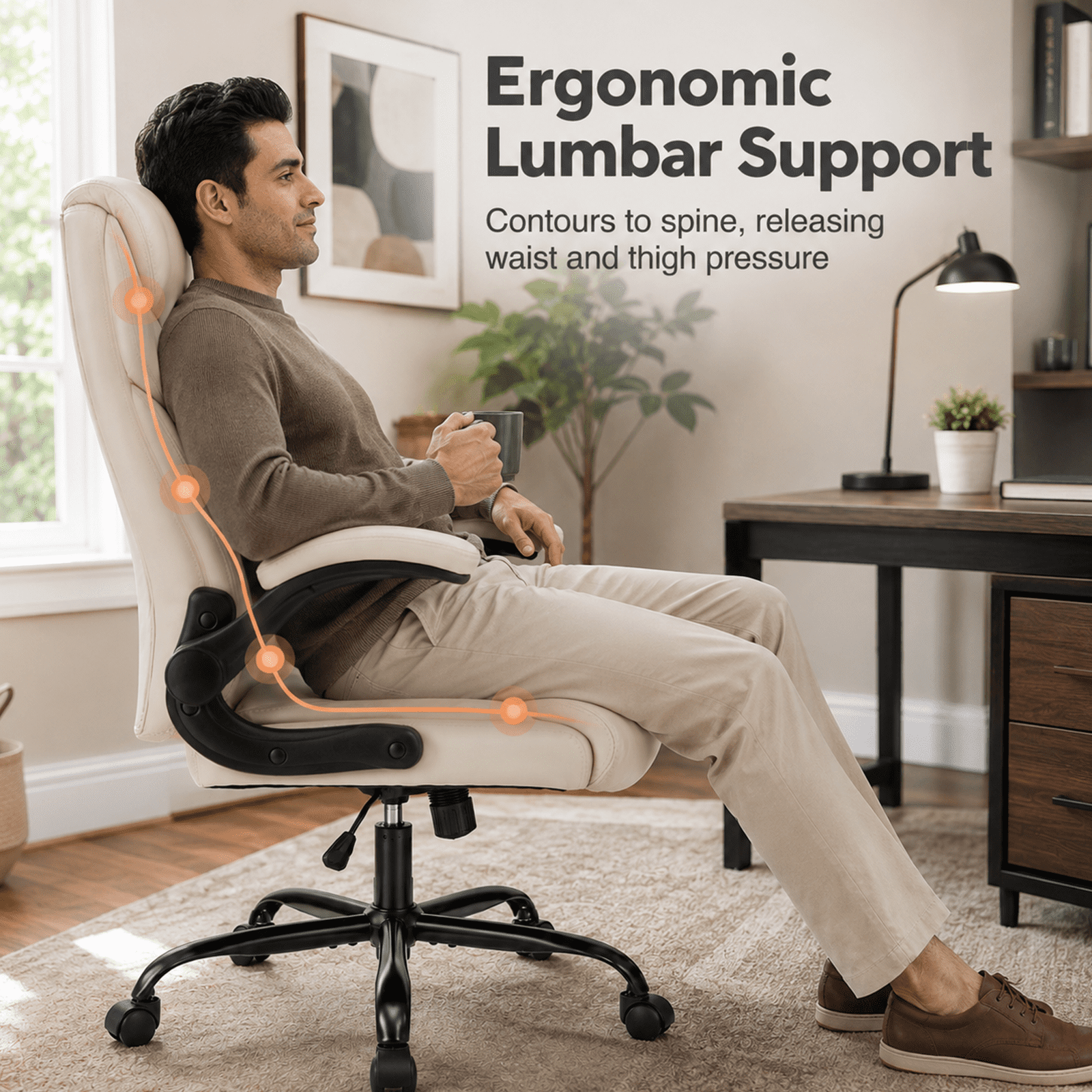 Alvantor PU Leather Executive Office Chair, Ergonomic Big and Tall Computer Desk Chairs, Breathable Leather Chair with Adjustable Flip-up Armrests, Adjustable Lumbar Support, Heavy Duty 300lbs