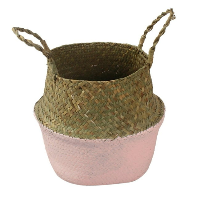 Handmade Basket Rattan Foldable Hanging Flower Pot Planter Woven Dirty Laundry Basket Storage Basket Home Deco Green White M