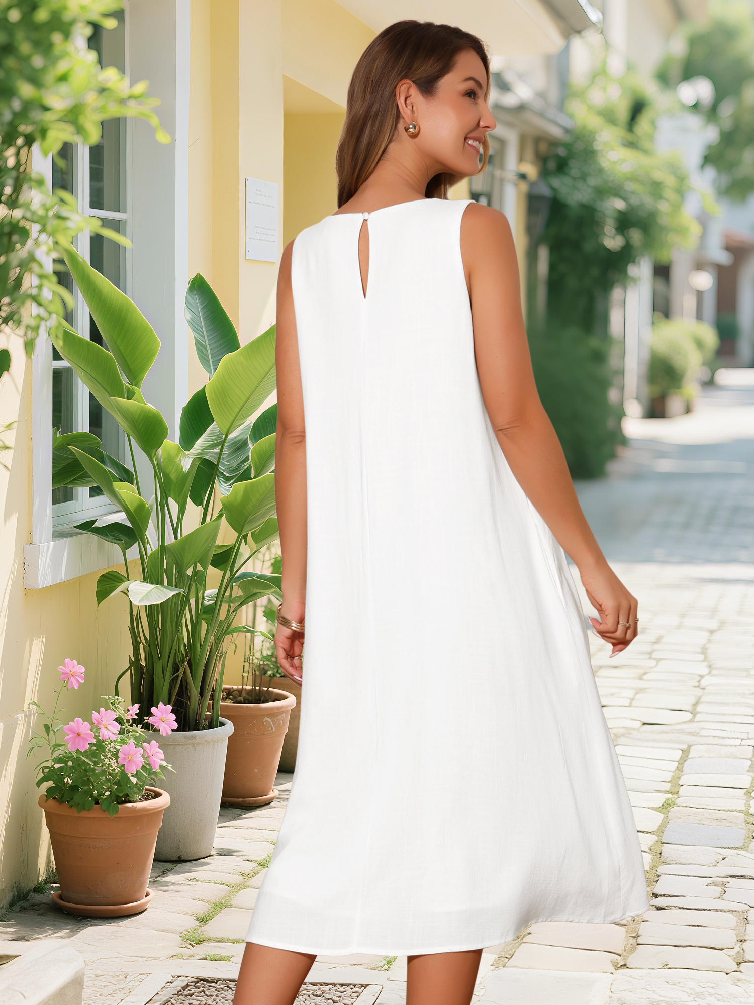 DARING DIVA Linen Sleeveless Dress L White